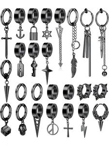 25 Pcs Black Silvery Clip-on Earrings for Men Women, Punk Style Earrings, Unisex Punk Gothic Jewelry Set Durable Stainless Steel for Daily Wear Non-pierced Accessory Pack Classic Cross Ornaments Stylish Chain Dangle Designs Trendy Huggie Hoop Earrings