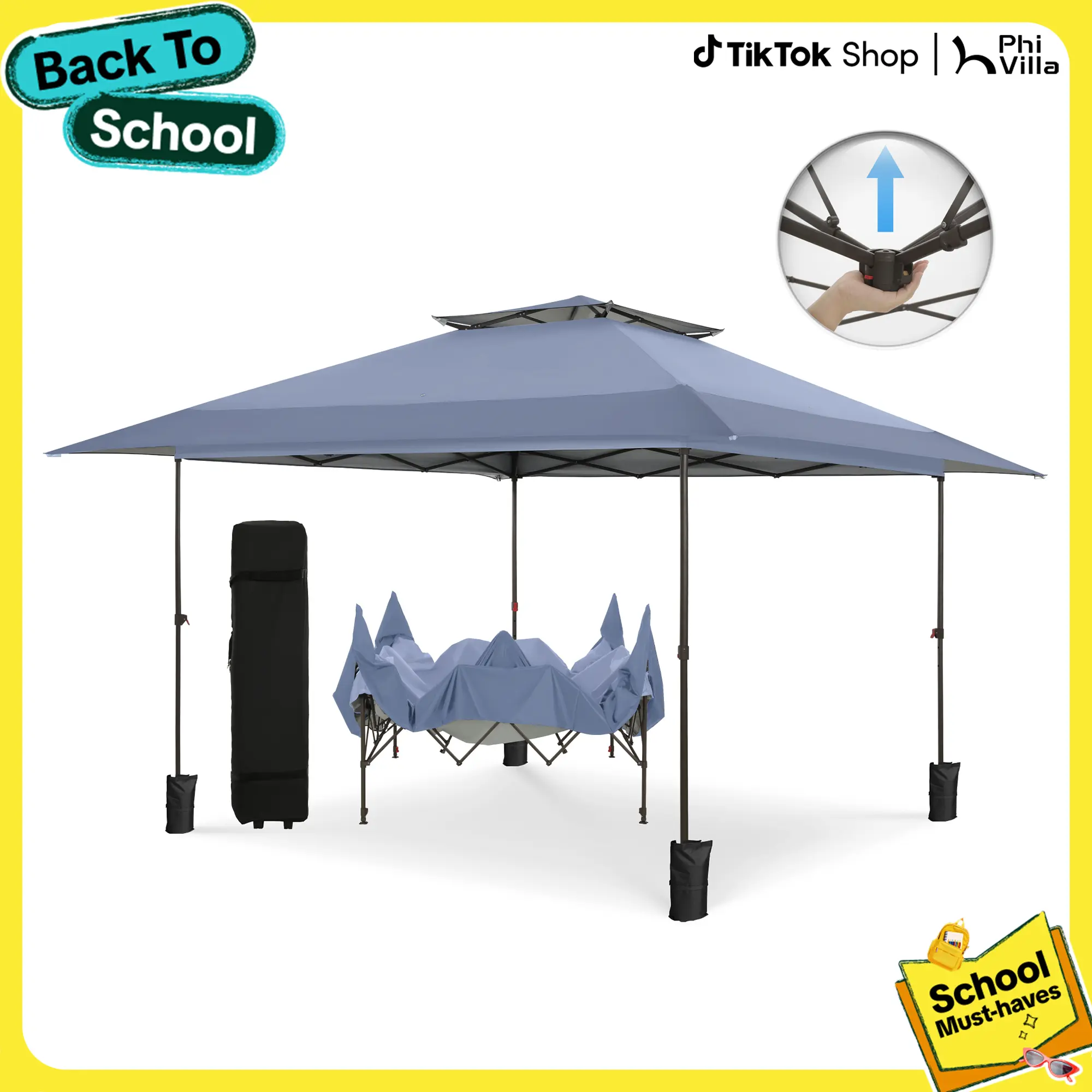 PHIVILLA Easy Set-up 13x13 Pop Up Canopy Gazebo Outdoor Tent Portable 169 sq.ft Sun Shade Blue Foldable Modern Aesthetic Minimal Design with UPF 50+ UV Protection & Wind Vent
