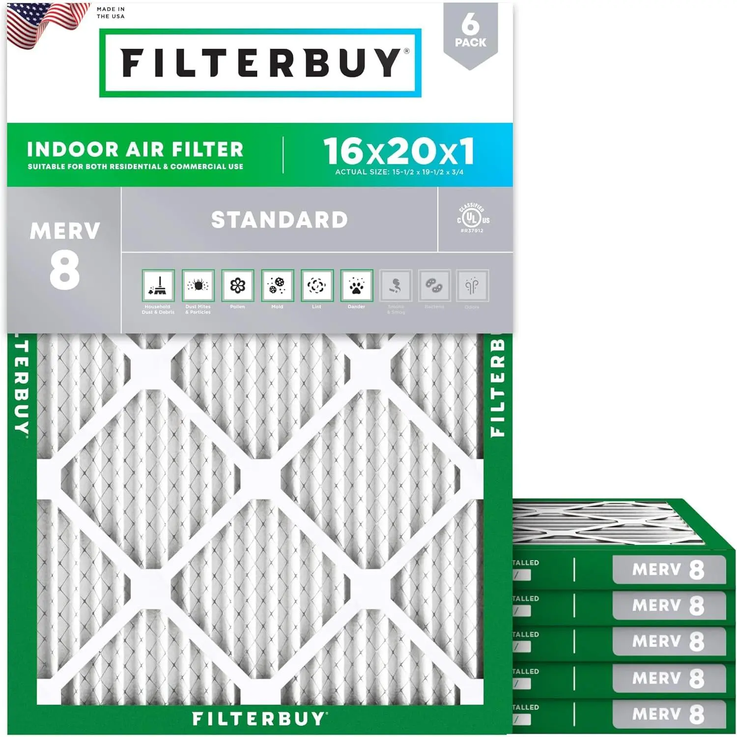 Filterbuy 16x20x1 Replacement Air Filter (6-Pack), Pleated MERV 8 Dust Defense for HVAC AC Furnace, Actual Size: 15.50x19.50x0.75 In
