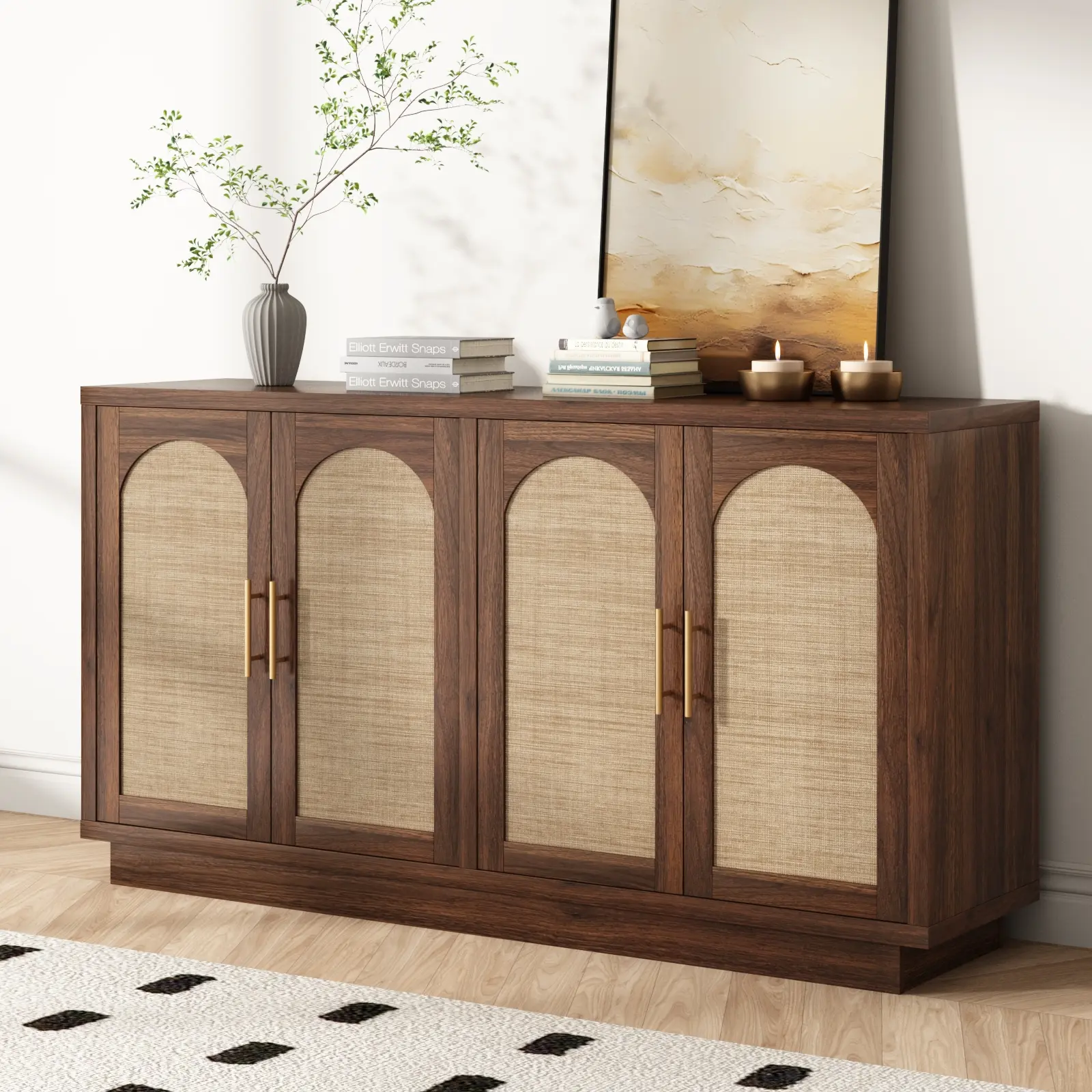 PieDle Rattan Sideboard Buffet Cabinet,59” Farmhouse Storage Cabinets with Adjustable Shelves & 4 Arched Doors, Boho Credenza Coffee Bar Cabinet for Kitchen, Living Room, Entryway