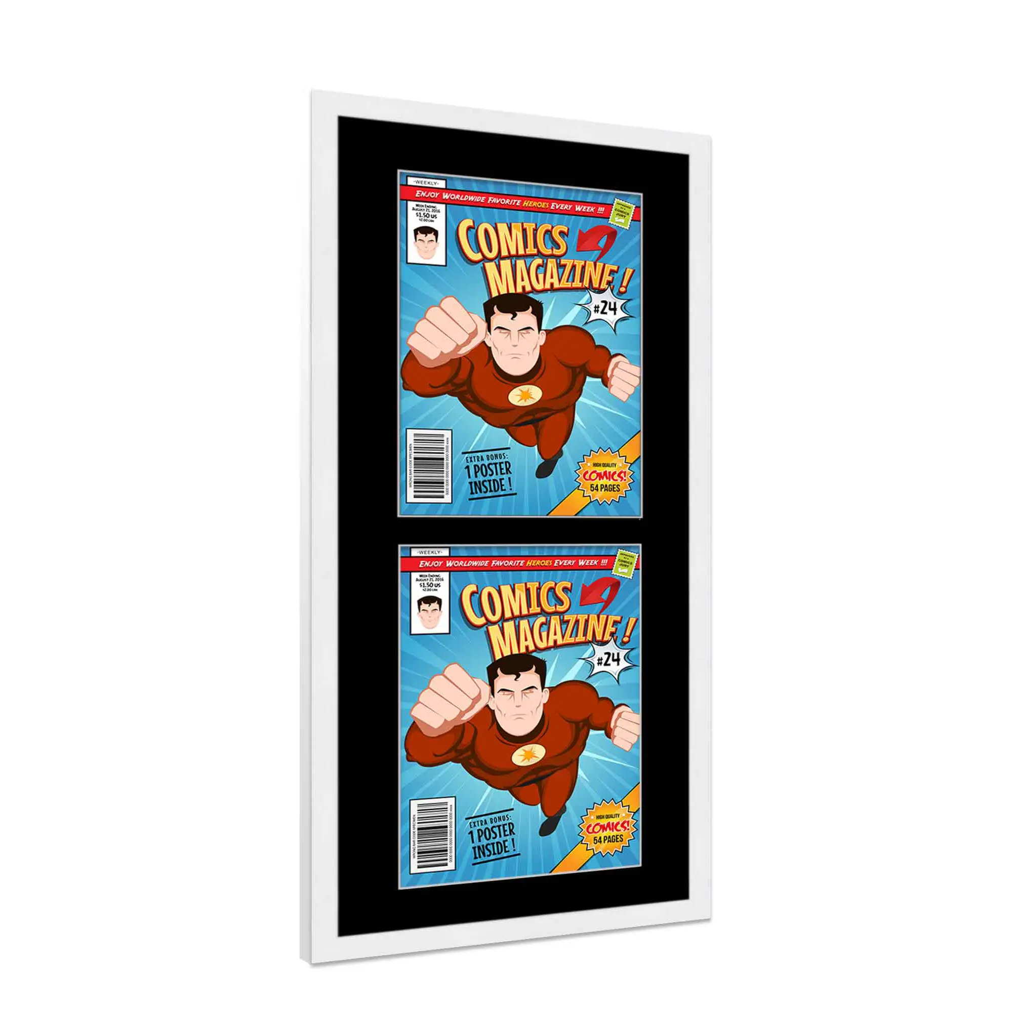Comic Book Frame with Mat for 2 Current Era Comics Published After 1985 - White Wood Comic Frame With Black Mat for 6.875x10.5 Comics - 11.25x24 Frame Size