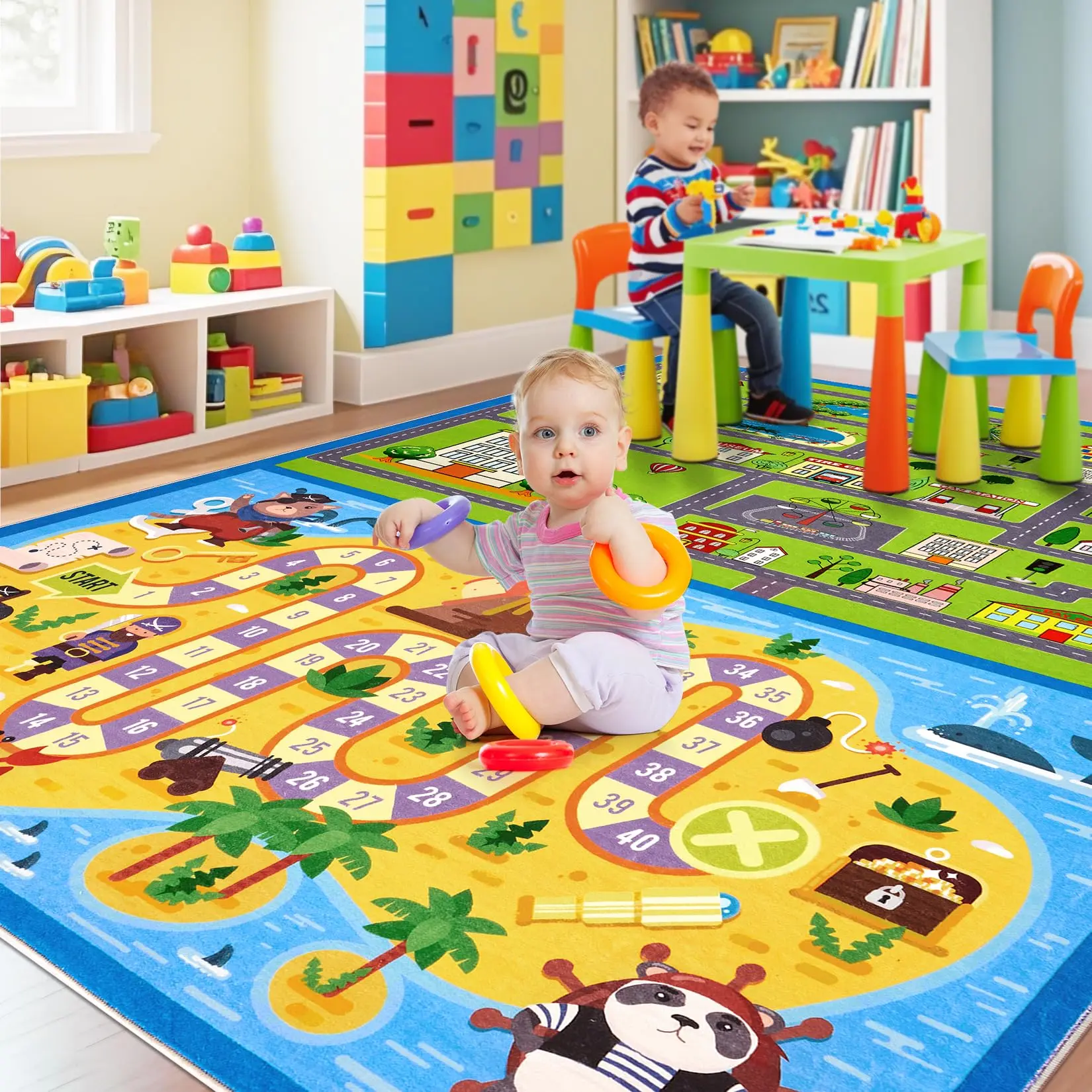 Garvee Washable 4x6 ft Non-Slip Playroom Rug with Pirate City Car Theme, Stain-Resistant Educational Activity Carpet for Classroom, Nursery, Preschool Play Mat