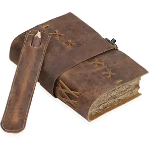 Leather Bound  Journal for Women & Men - Book of Shadows - Lock Closure - 200 Pages of Antique Deckle Edges Handmade Paper - Rustic Brown Color