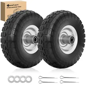 Yesker 4.10/3.50-4" Tires and Wheels Flat-Free, 10" Solid Replacement Tire Wheel with 5/8" Axle Bore for Wheelbarrow, Gorilla Cart, Trolley, Garden Scooter Cart, 2 Pack, Pu, Polyurethane