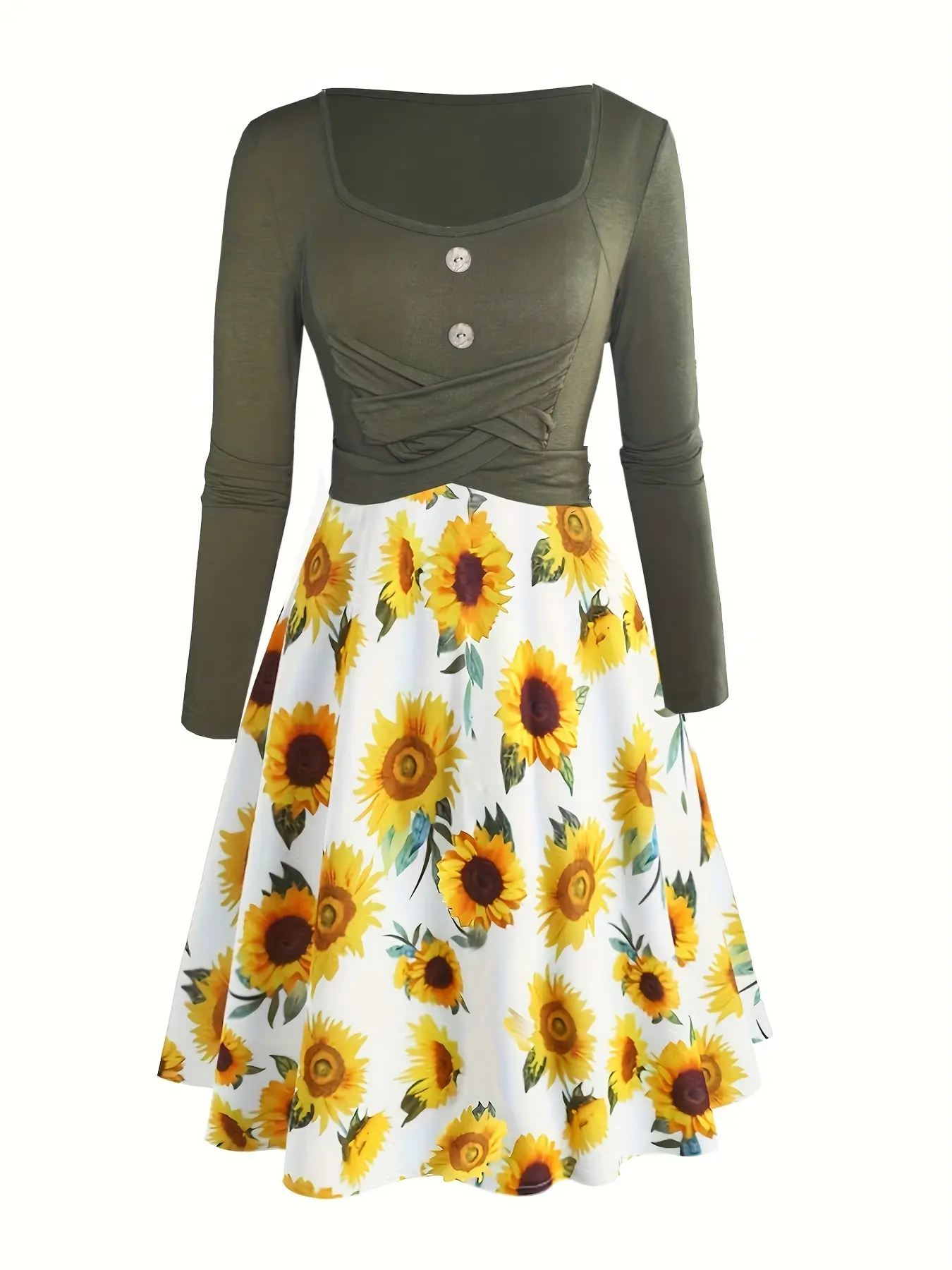 Women's Elegant Aesthetic Long Sleeves Dress, Casual Wear A-Line Flared Floral Sunflower Dress, Spring, Summer & Fall Fashion, Ladies Clothing, Womenswear