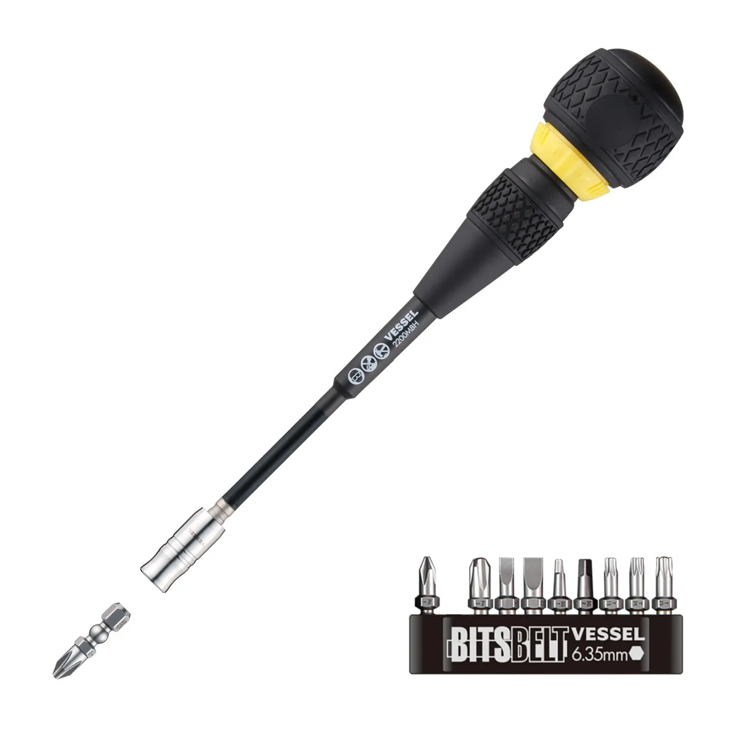 VESSEL (2200MBH120K01) BALL GRIP Interchangeable Ratchet Screwdriver 10PC. Bit Set