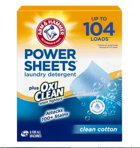 Power Sheets Laundry Detergent Plus OxiClean Stain Fighters, Clean Cotton Scent, 52 Count, 104 Medium Loads