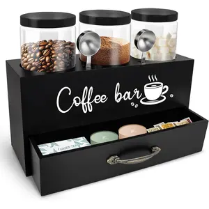 Coffee Canister Set with Shelf, Coffee and Sugar Container Set of 3 Canisters Sets for Kitchen Counter, Plastic Coffee Bean Storage Container with Scoop (Black - Drawer)