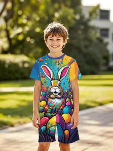 Trendy Colorblock Easter Bunny Set for Boys, 3D Short Sleeve Shorts Two-Piece, Fashion Outdoor Sports, Birthday Gift, Holiday Present
