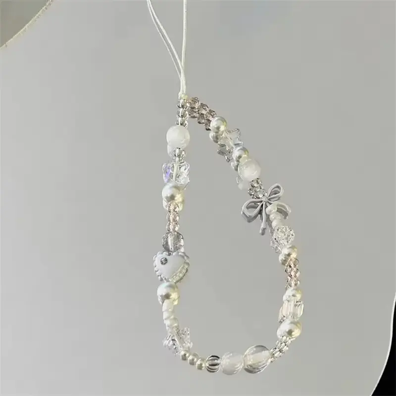 Korean Cute White Star Pearl Beads Phone Chain Trendy Pendant Acrylic Charm For iPhone Universal Accessories Lanyard Hanging Rope For Girl