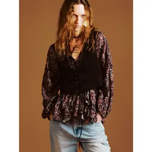 URBAN REVIVO 2026 Spring New Arrival Women's 2-Piece Vest & Longsleeve Blouse Set, Chic Boho Paisley Print, Ruffled Stretch Cotton-Polyester Blend, Medium Length, Comfortable Elegance, UWH150003, Women's Tops, Longsleeves