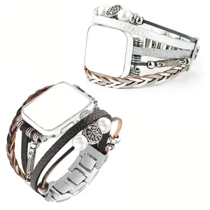 Fashion Handmade Leather Beaded Tree of Life Bracelet Watch Band for Apple Watch 38/40/41/42/44/45/46/49 Mm, Adjustable Metal Strap Compatible with Iwatch Series 10 9 8 7 6 5 4 3 2 1, Smart Watch Straps