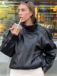 Asymmetric Faux Leather Bomber Jacket Women's Jacket Demi-Season 2026 Women's Vintage Oversized Casual Long Sleeve Top Fashion Black Burgundy Brown Outerwears Coats Women's Moto Biker Zipper Jacket Faux Leather Jackets Womenswear