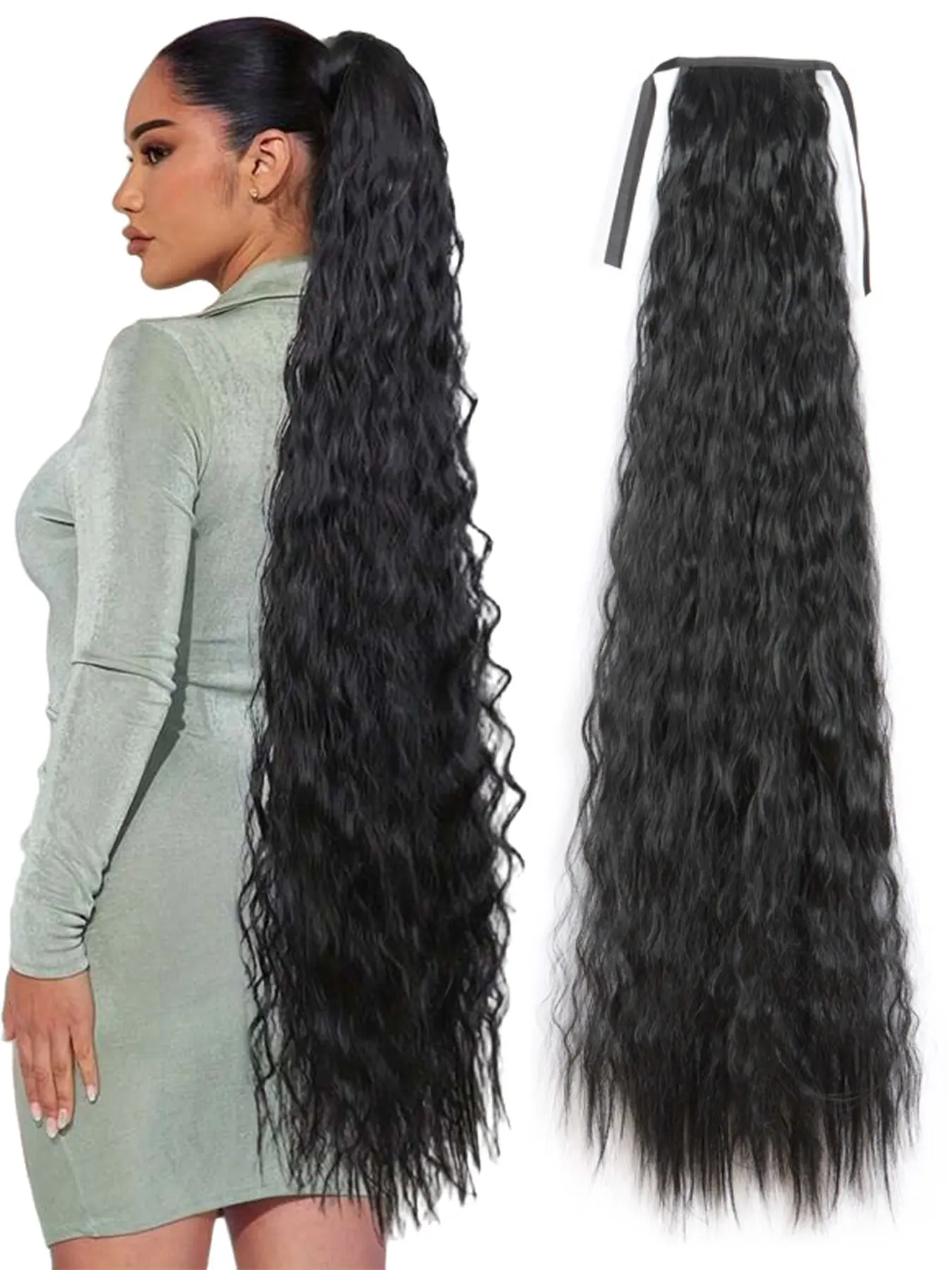 34Inch Super Long Length Corn Wave Ponytail Extension Wavy Curly Ponytails Synthetic Fiber Extensions Synthetic Hair Extensions Wrap Around Curly Wavy Texture Ponytail Hairpiece For Women Daily Party Use Versatile Use Synthetic Hairpieces