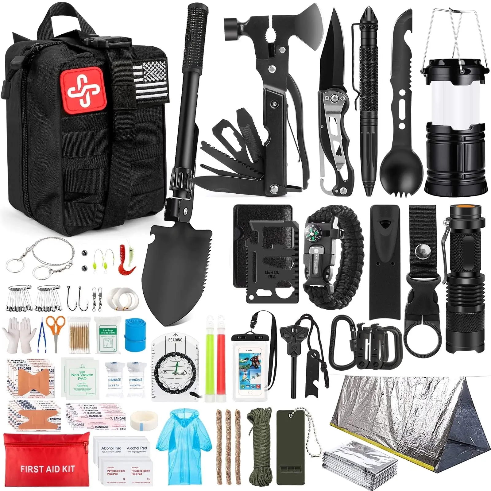 KAQINU 250-Piece Survival Kit with MOLLE-Compatible Bag, Emergency Tent, Flashlight & More – Ideal Gift for Men for Camping & Outdoor Adventures
