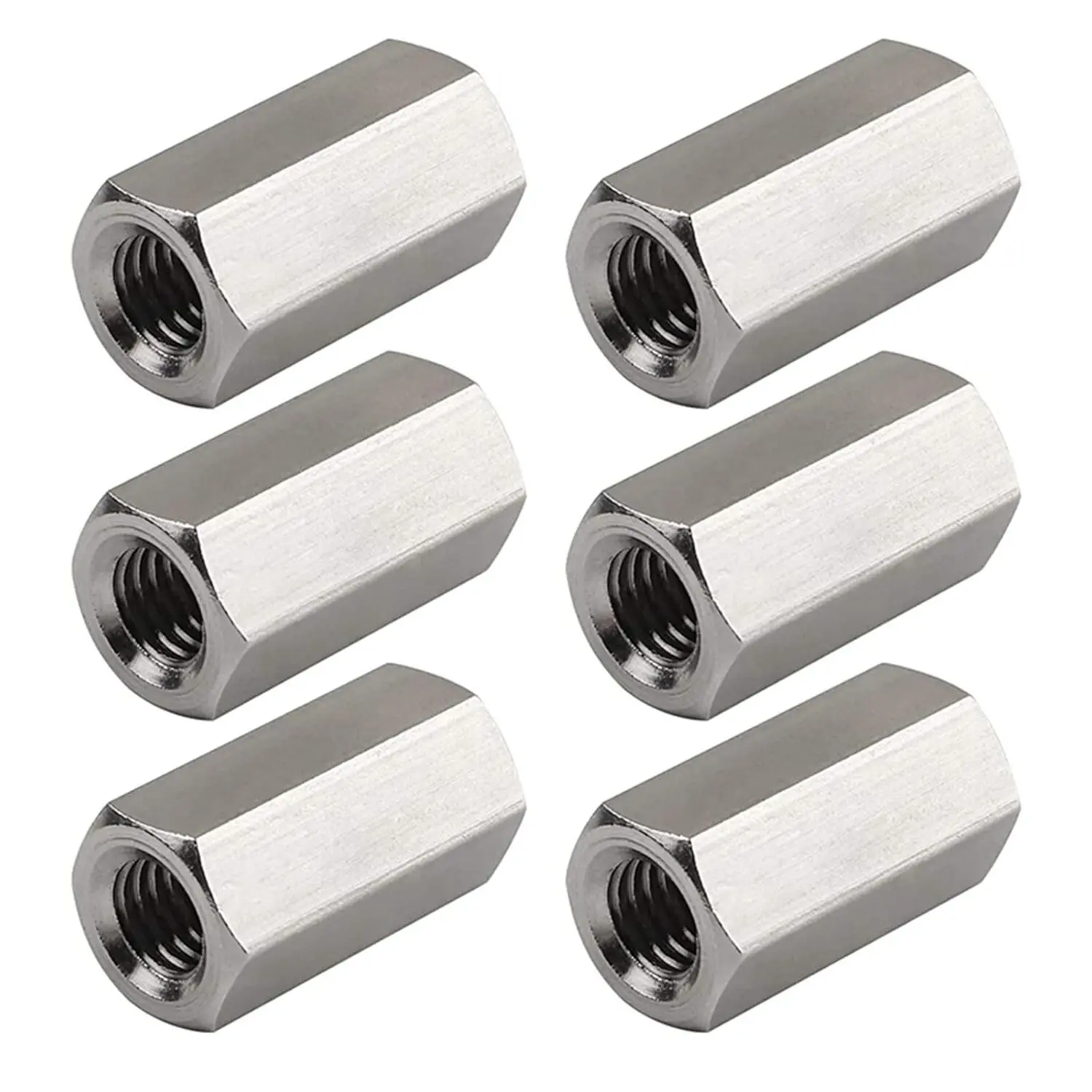 Pack of 6 M8 x 1.25-Pitch 40mm Length Metric Hex Coupling Nuts, 304 Stainless Steel Rod Coupling Nuts