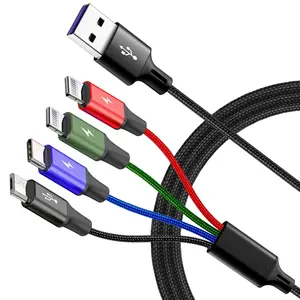 Multifunctional Charging Cable 4 in 1 Nylon Braided Fast Charging 4ft USB Cable Adapter with Lightning/Type C/Micro USB Ports for iPhone iPod Samsung LG Phone Tablet and More