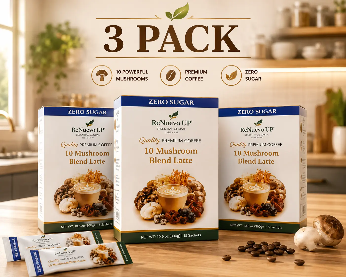 3 Pack Premium 10-Mushroom Blend Coffee Latte, 0 Sugar Instant Coffee Drink