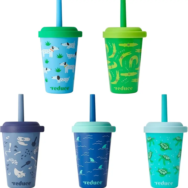 Reduce Gogos 12oz Kids Tumbler 5-Cup Family Set - Serendipity Themed Fruity Cutie Design, Scavenger & Animal Elements, Spill-Proof Lids, Stackable, Washable Reusable Straw Cups for Toddlers, Families’ Play Date Use