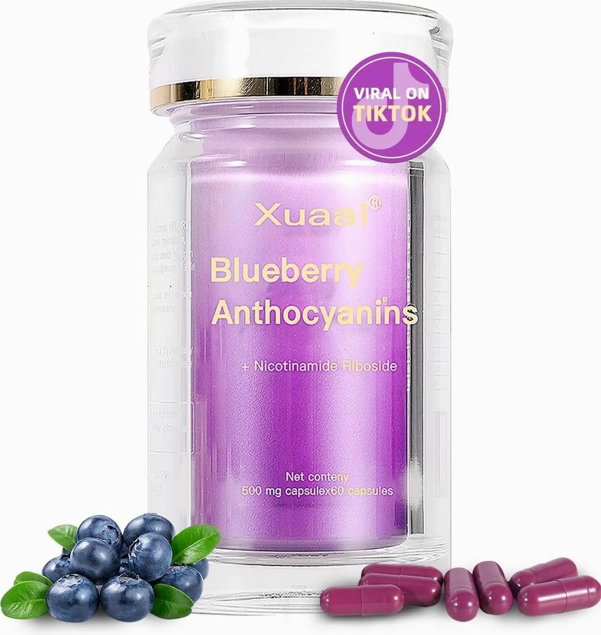Blueberry Anthocyanins Capsules - Blueberry 10:1 Extract, Premium NAD+ Supplement with Anthocyanin & Lutein for Anti-Aging Support - Eye Vitamins Boosting Vision & Cellular Health, Vegetarian, 60 C