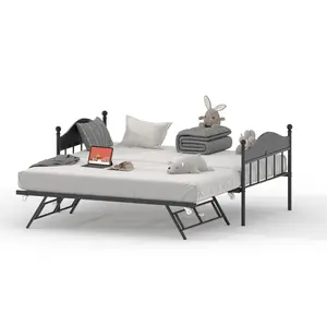 Metal Twin Daybed with Height Adjustable Trundle, Sturdy Frame & Stylish Headboard, Heavy Duty Platform Bed for Bedroom, Living Room and Guest Room