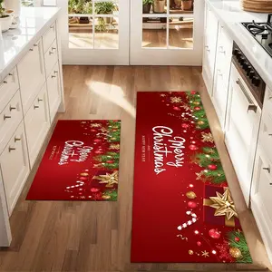 2pcs Christmas and New Year printed kitchen rug Merry Christmas and happy new year backg Floor Mat Set Farmhouse Kitchen Rug Dining Room Flooring Laundry Room Decor Carpet Mat
