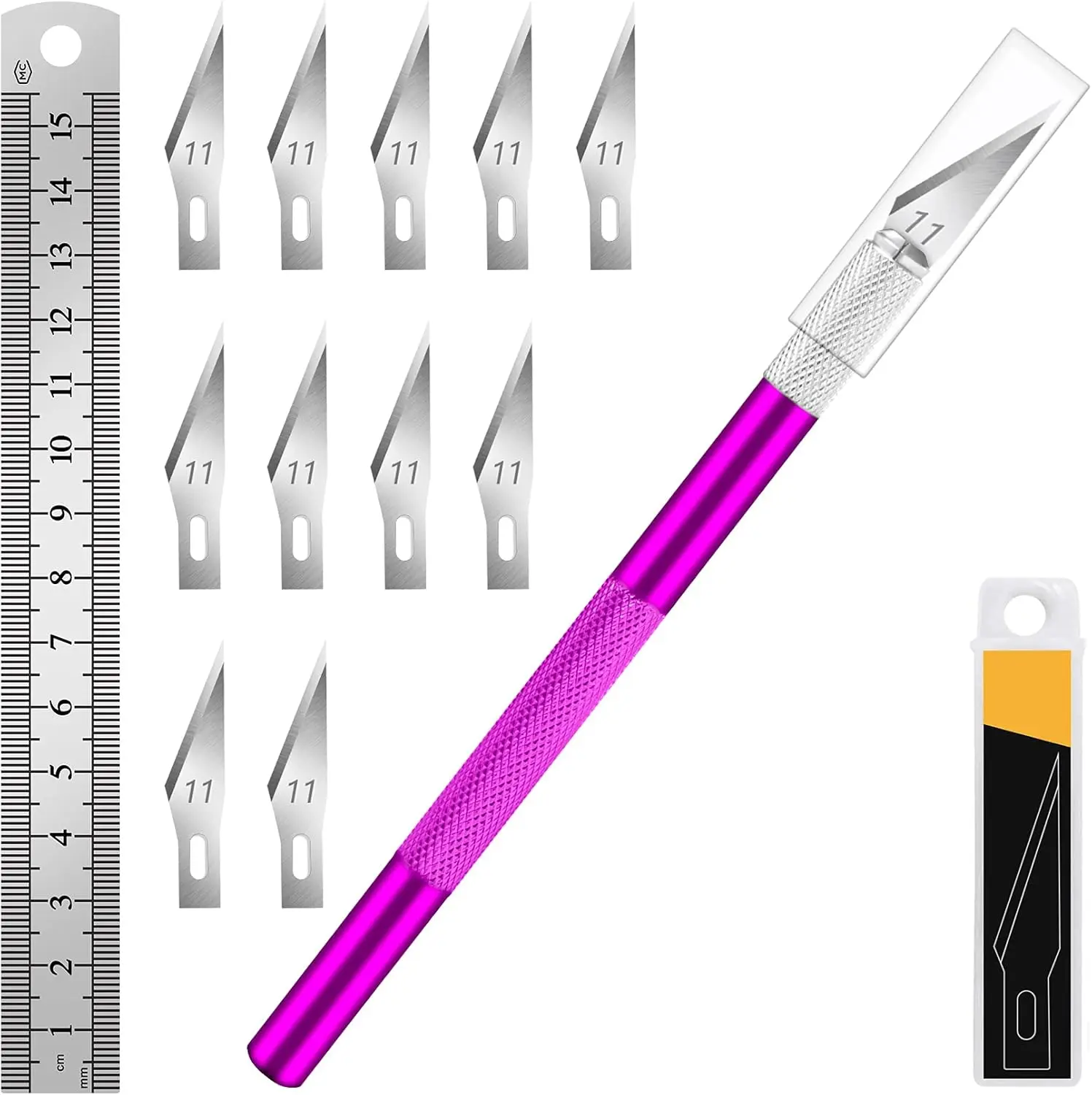 Multi-Functional Cutting Craft Hobby Knife Kit, 1 Knife with 11 Stainless Steel Blades, 15cm Steel Ruler for Art, Scrapbooking (Purple), Multi Functional Knives