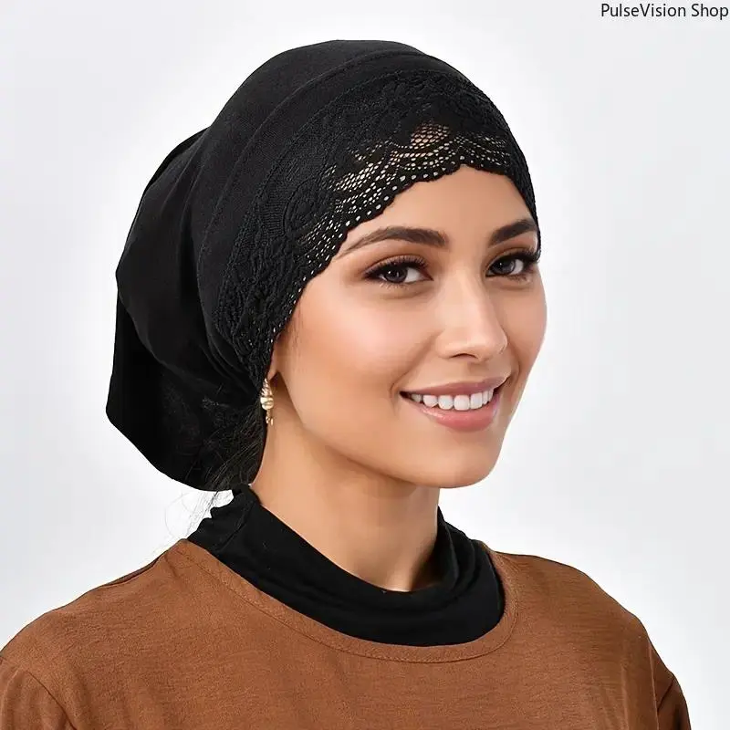 Ramadan Lace Tube Cap - Soft, Skin-Friendly Hijab Scarf Turban Base, Chic Black Fashion Accessory for Casual Wear
