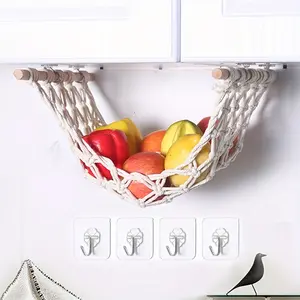 1pc Fruit Hammock, Hanging Fruit Basket, Produce And Veggie Storage For Kitchen Under Cabinet, Banana Hook, Macrame Boho Modern, With 4 Hooks, Kitchen Supplies