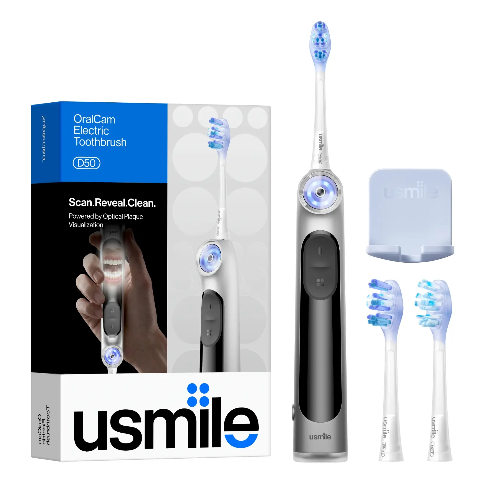 usmile D50 OralCam Toothbrush -Fluorescence-enhanced, Hands-Free Guidance, IPX8, USB-C Rechargeable Cable, oral care,  80-DAY Battery Life, Reveal Plaque Targeted Cleaning Vitality, Track the Progress