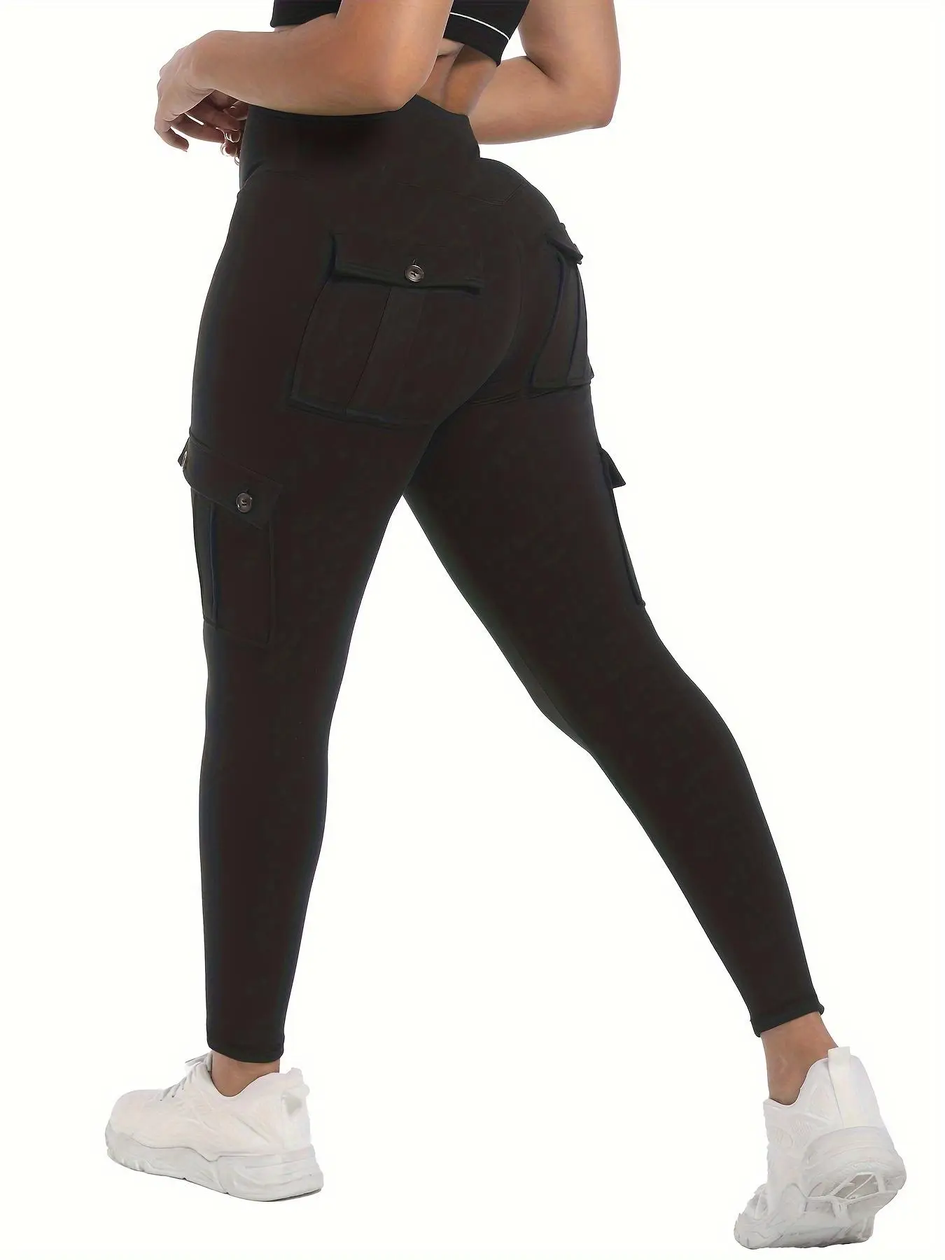 Women's Plain High Waist Pocket Button Sports Tummy Control Leggings, Casual Comfy Breathable Skinny Pants for Yoga Gym Workout Running, Ladies Sports
