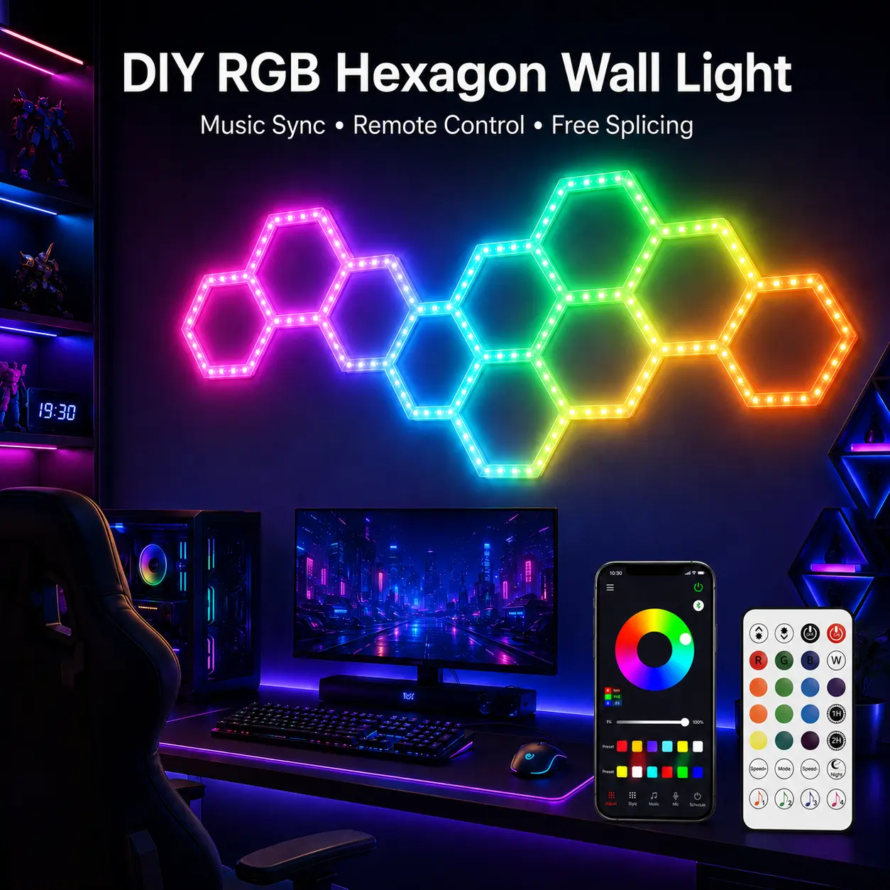 Hexagon Smart LED Wall Lamps - APP & Remote Controlled RGB Hex Light Panels, Music Sync Dimmable Color-Changing Modular Indoor Lighting, Aesthetic Teen Boy Room Decor, Home Improvement Gift Fixture