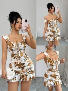 Women's Summer Knitted Floral Print Bodycon Mini Dress, V Neck and One Shoulder, Fashion Hollow Out Bow Design, Elegant French Ruffle Hem