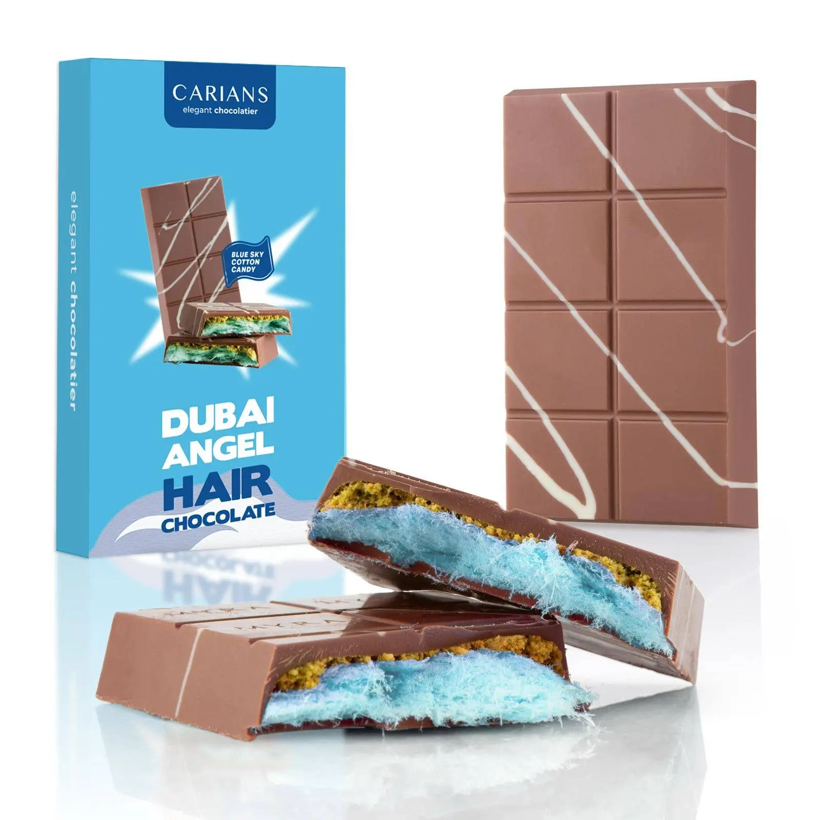 Viral Angel Hair Dubai Chocolate Bar with Delicous Blue Sky Cotton Candy - Ships in Insulated Package with Cold Pack.  This item ships Mon-Thurs to try to avoid any melting.