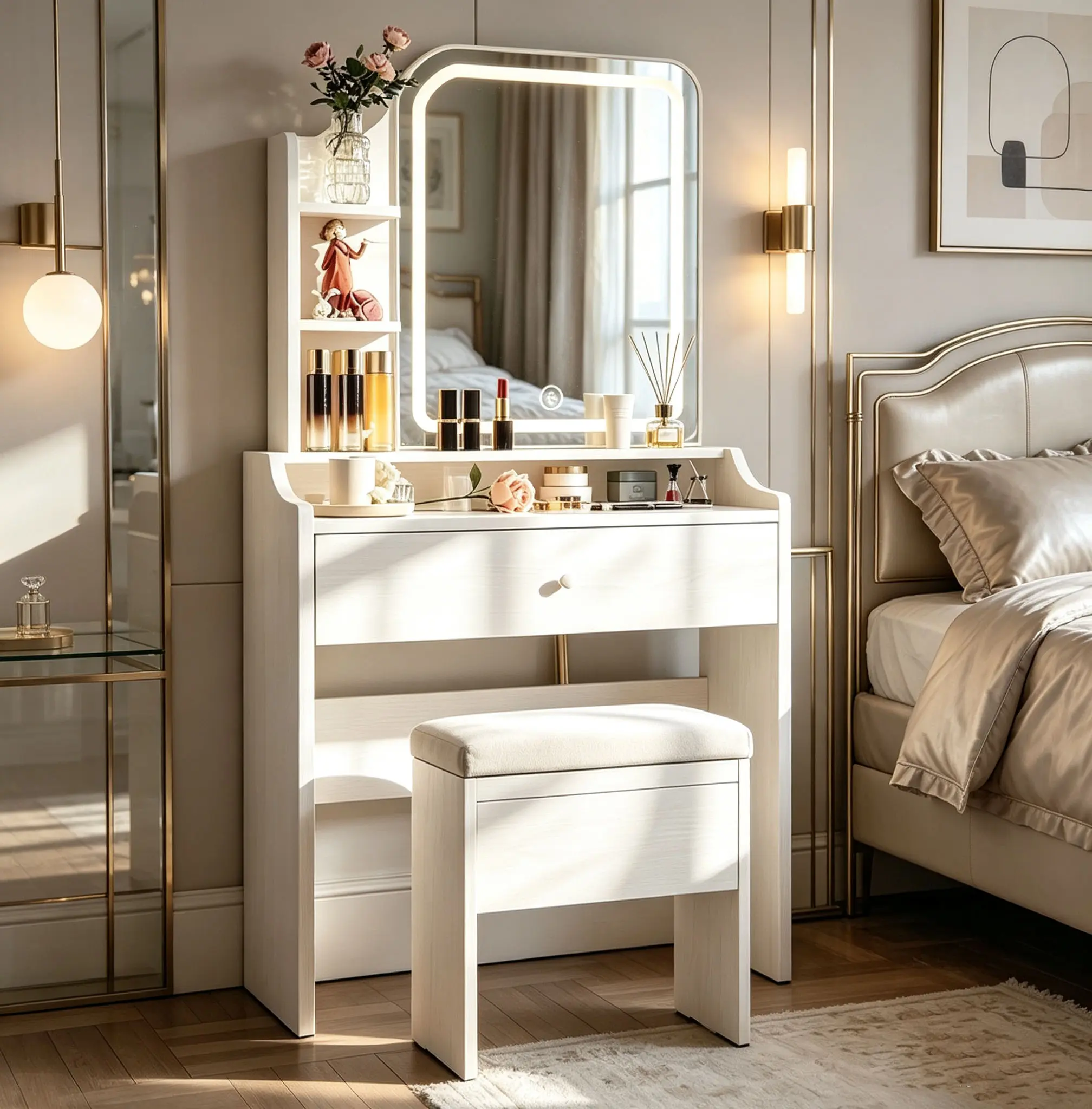 Rectangular LED Illuminated Makeup Vanity Desk, Modern Fold-Up Panel Compact White Indoor Furniture with LED Lights, Storage Drawers, Lighted Vanity Mirror & Desk Combo, Ideal for Small Bedrooms (Suitable for Teens-Adults) Organization