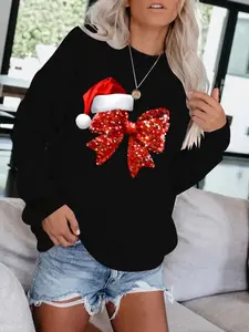 Women's Christmas Theme Knitted Sweatshirt with Sequin Bow Print, Casual Polyester Fitted Pullover, Round Neck, Long Sleeve, Holiday Design, Fall Series