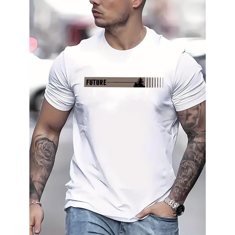 Men'S Casual Crew Neck T-Shirt with "FUTURE" Print, Short Sleeve, Knit Fabric, 95% Polyester 5% Spandex, Slight Stretch, Regular Fit, Summer Top - Black