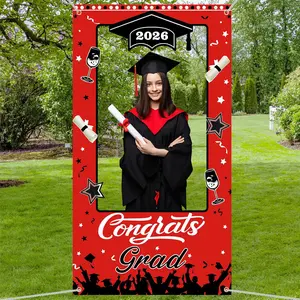 2026 graduation photo prop, Graduation party supplies, red and black graduation photo frame banner, made of polyester material, suitable for home, wall decoration, holiday decoration, family gatherings, graduation season decoration, Grad Photo Props