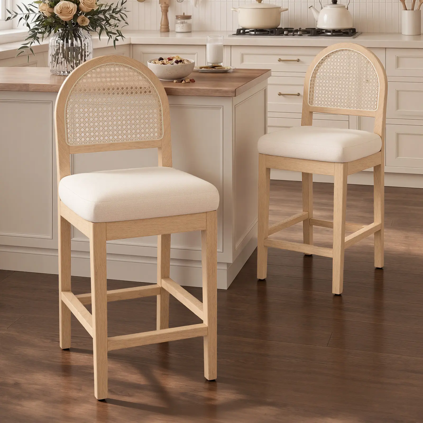 Farmhouse Rattan Counter Height Bar Stools Set of 2, Chenille Upholstered Barstools with Solid Wood Frame & Legs, Chic Kitchen Island Chairs