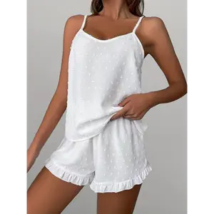 Pompom Solid Pajama Set, V Neck Cami Top & Ruffle Shorts, Women's Sleepwear & Loungewear