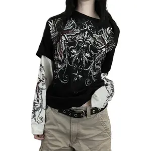 Women's Y2k Fairy Grunge T Shirts Punk Gothic Long Sleeve Fake Two-Piece Shirt Emo Vintage Graphic Print Aesthetic Top