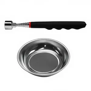2pcs Tray Tool Tray with Magnetic Pickup Tool Set, 3-inch Round Magnetic Bowl Tool Parts Tray Holder and 10-pound Telescopic Magnetic Pickup Wand for Socket Screw Nut Bolt Metal Parts, Hardware Tool Kit