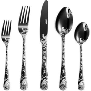 Halloween Black Cutlery Set - 20 pcs - Includes 8 x Spoons, 8 x Forks, 4 x Knife - Stainless Steel, Dishwasher Safe, Mirror Polished Tableware - Durable Flatware - Home Kitchen…