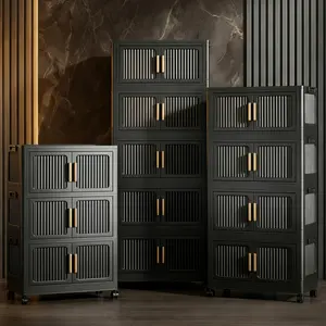 3/4/5 Tier Black Foldable Stackable Storage Cabinet with Magnetic Double Doors & 360° Lockable Wheels – Dual Opening Design (Top & Front), Tool-Free Assembly Collapsible Plastic Organizer for Bedroom, Bathroom, Kitchen Pantry & Small Space Home Storage
