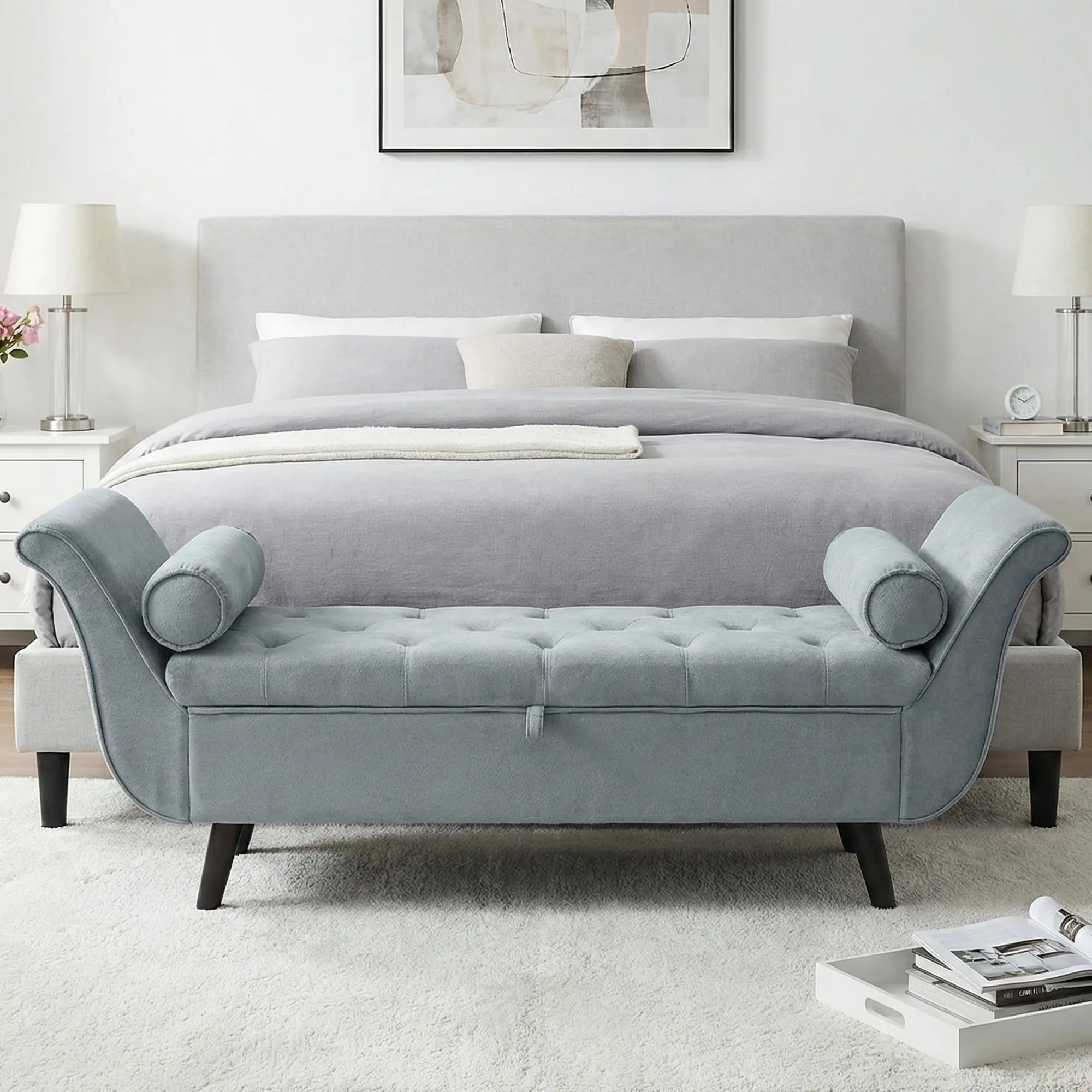 【Deals for You Days】65 in Mid-Century Diamond Tufted Velvet Storage Ottoman - Backless Rolled Arms Footstool with Pull-String Design Hidden Compartment, Indoor Furniture for Entryway, Living Room
