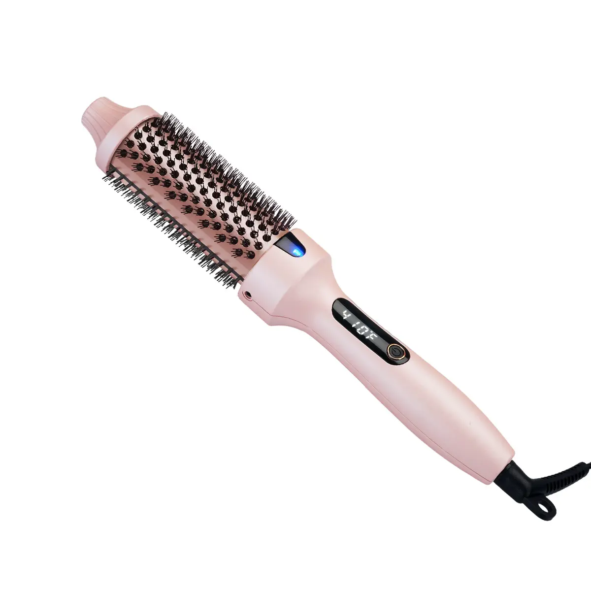 Wave curling wand with heat-sensing curling comb, 1.5-inch round brush head, LED display, dual voltage, pink, reduces damage, hair heating curling brush, dual negative ions, suitable for wavy hair, long-lasting curl, professional salon-grade curling effec