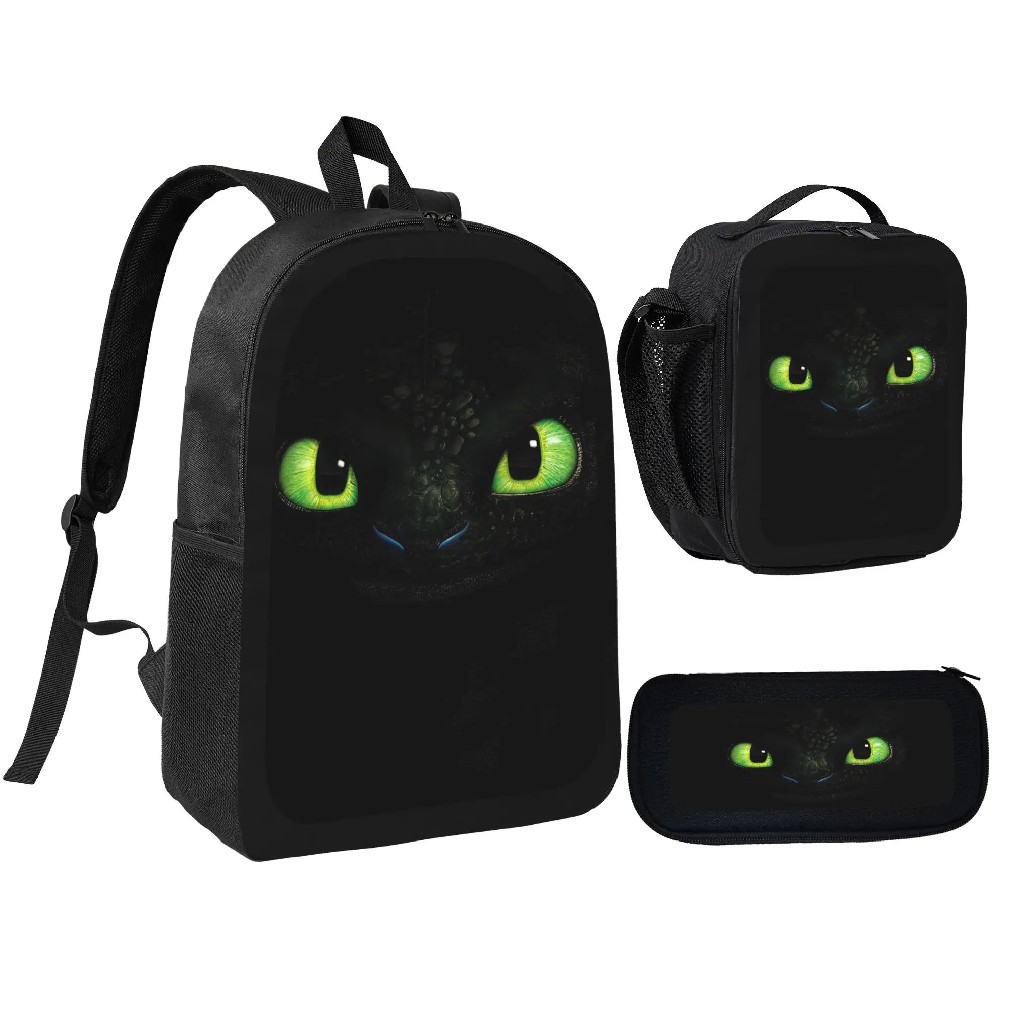 Toothless Night Fury 3 Piece Backpack Set School Bag Lunch Bag Pencil Case Adjustable Strap Daypack Kids Teens Movie Fans Summer Back Schoo Gift UnisexU