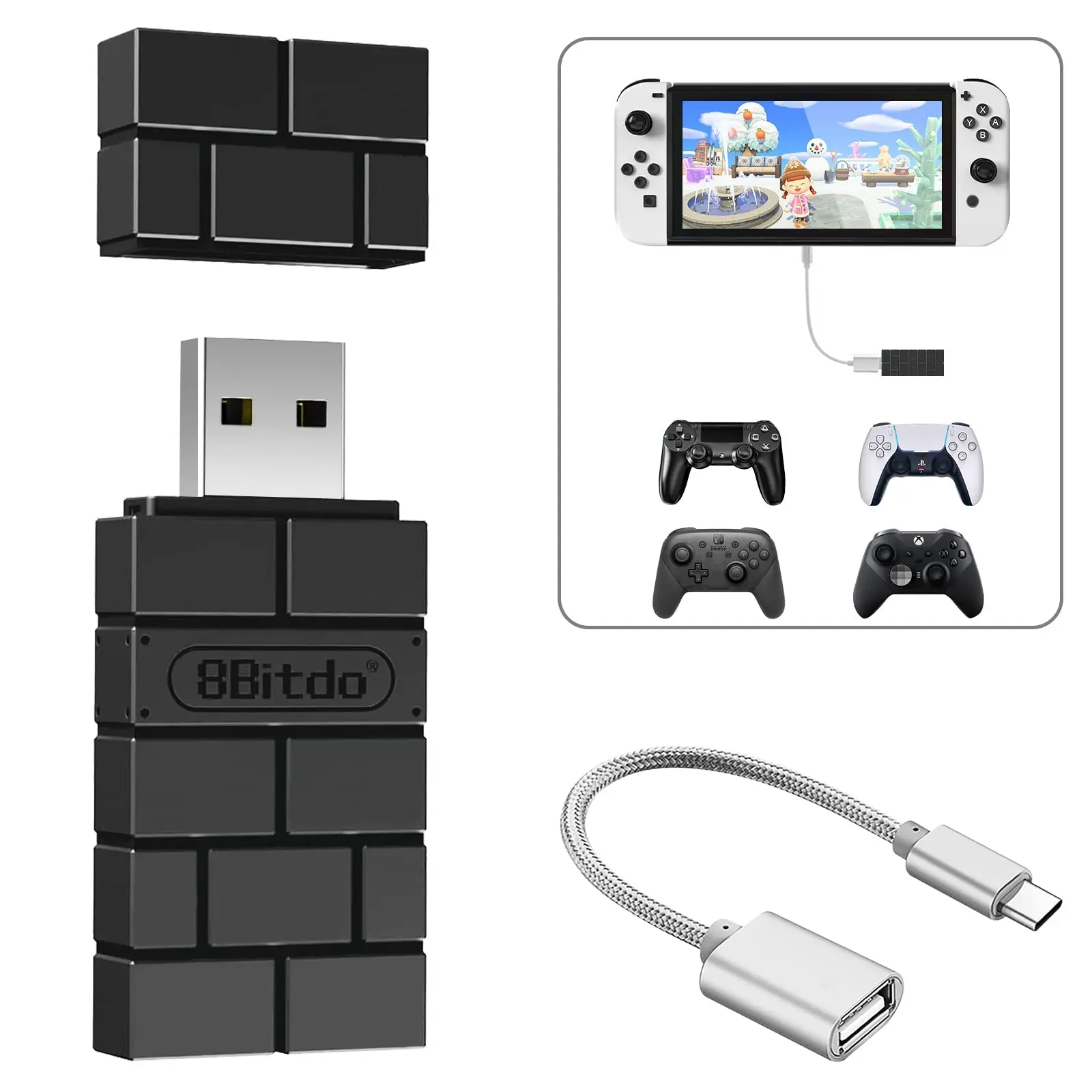 8bitdo Usb Wireless Controller Adapter 2 Converter Dongle For 2/switch/switch Oled Steam Deck Windowsi Macos Ps5/ps4/ps3 Series X/s One Otg Cable