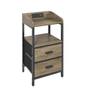 Nightstand with Charging Station Modern Bedside End Side Table with Guardrail Storage Shelf 2 Fabric Drawers USB Ports AC Outlets