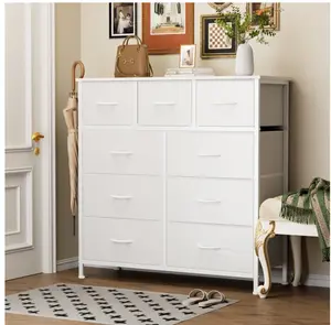 Fabric Storage Dresser with 9 Drawers, Steel Frame and Wooden Top for Bedroom, Closet and Entryway , White